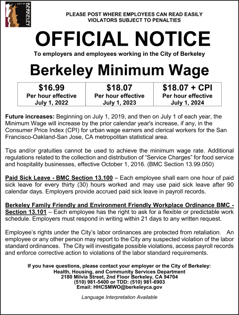 California Berkeley Minimum Wage Poster RUN Labor Law Posters