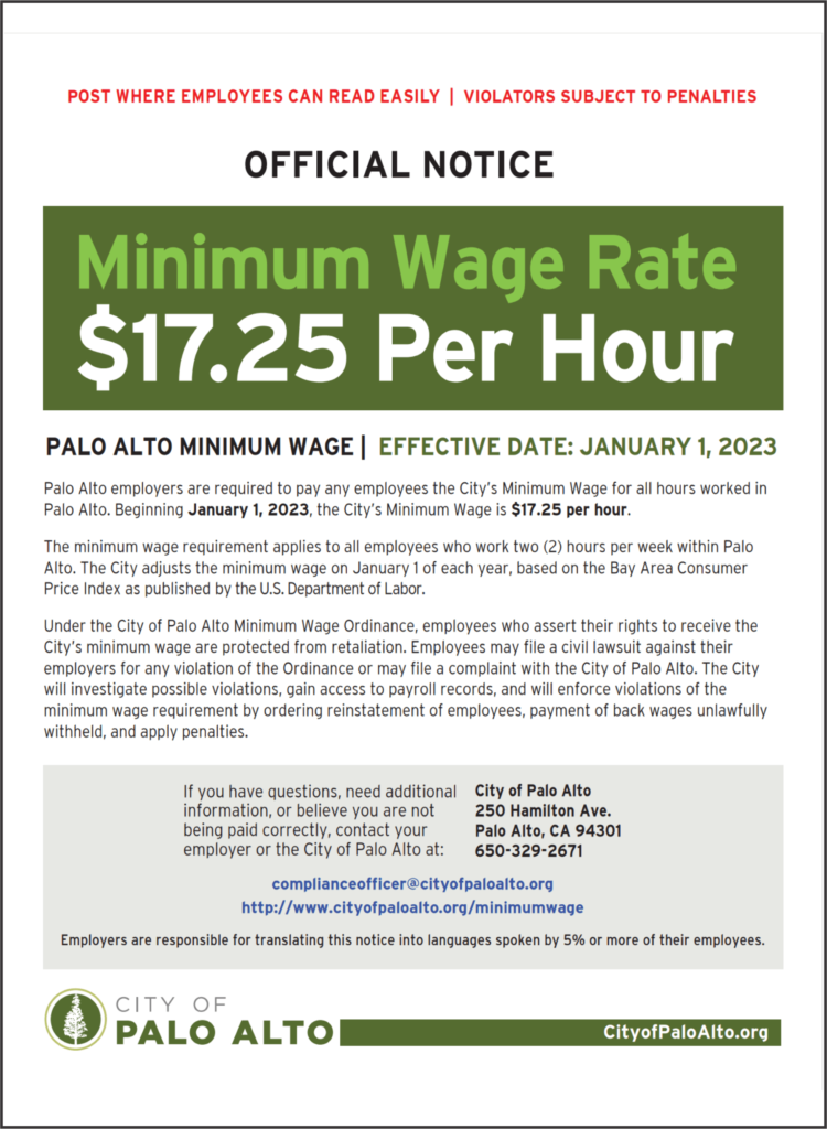 California Palo Alto Minimum Wage Poster RUN Labor Law Posters