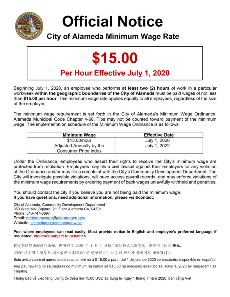 California Alameda City Minimum Wage Poster RUN Labor Law Posters