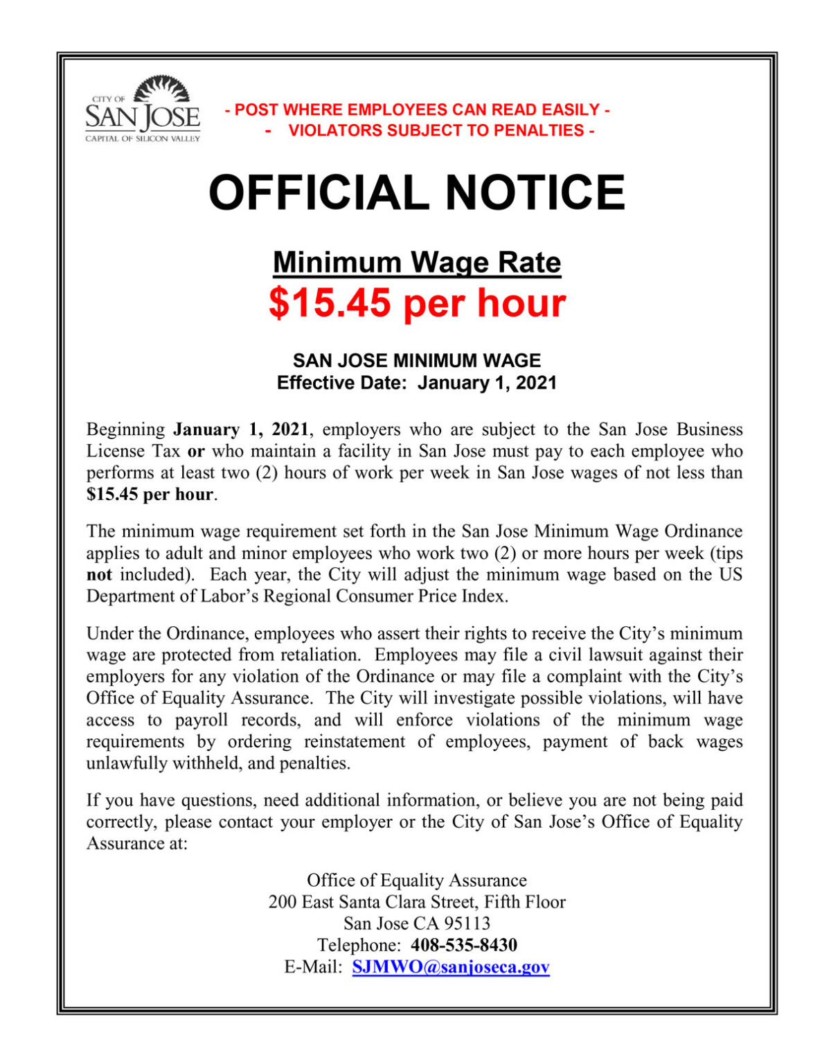 San Jose Minimum Wage 2024 Posting Notice Livia Yolanda