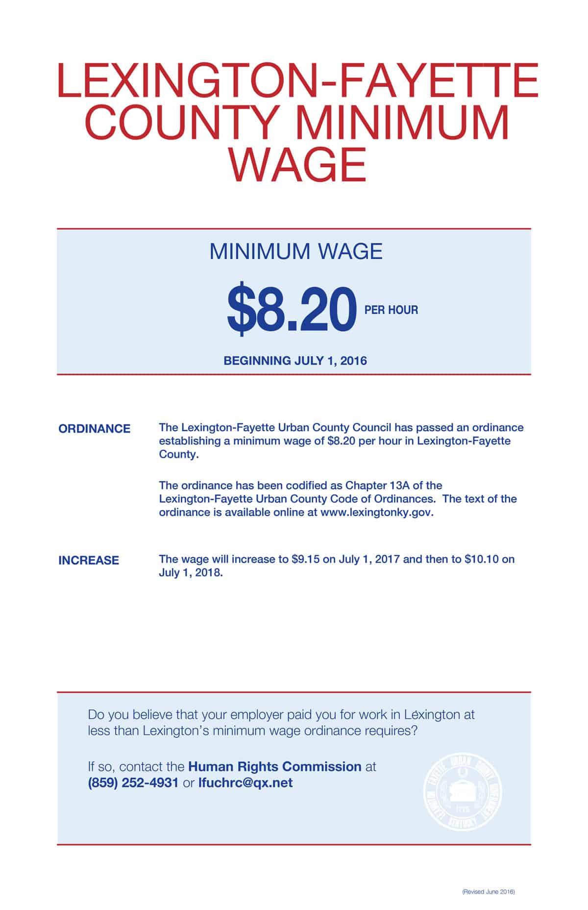 Kentucky Lexington Minimum Wage Poster RUN Labor Law Posters