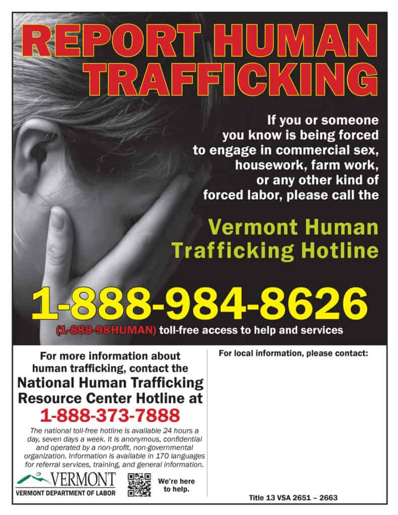 Vermont Human Trafficking Poster – RUN Labor Law Posters