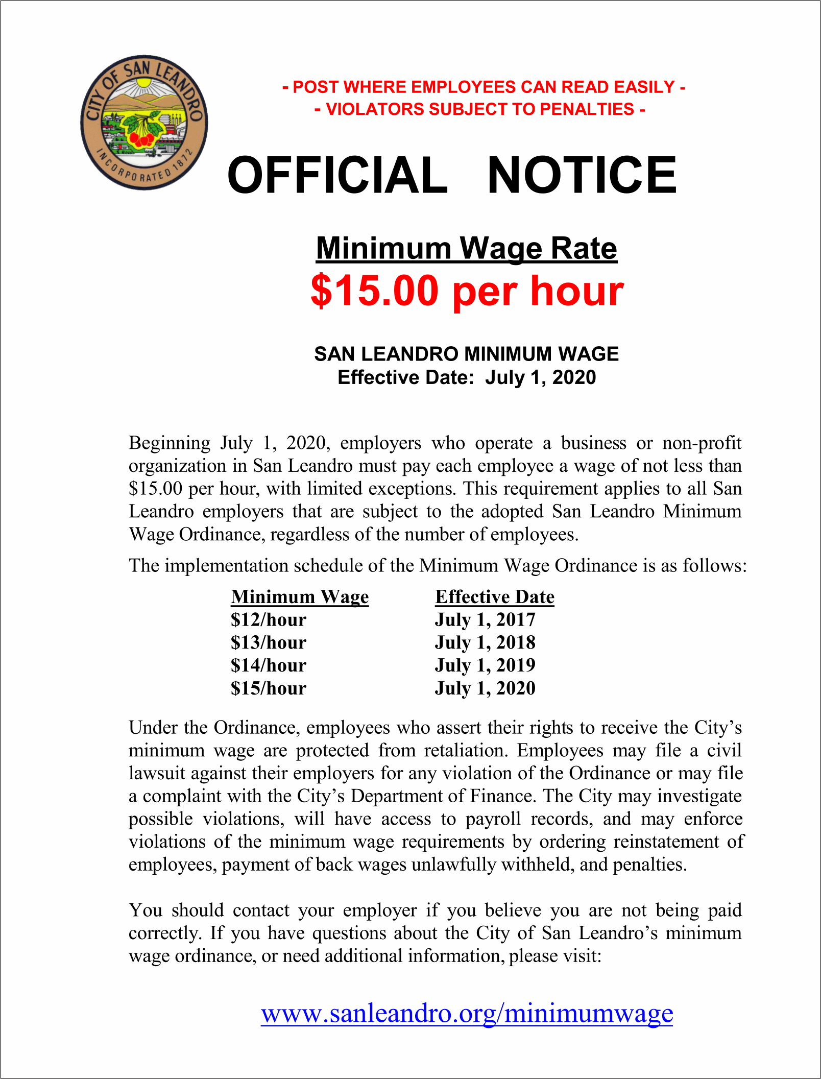 California San Leandro Minimum Wage Poster RUN Labor Law Posters