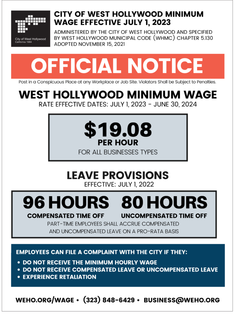 California West Hollywood Minimum Wage Poster RUN Labor Law Posters